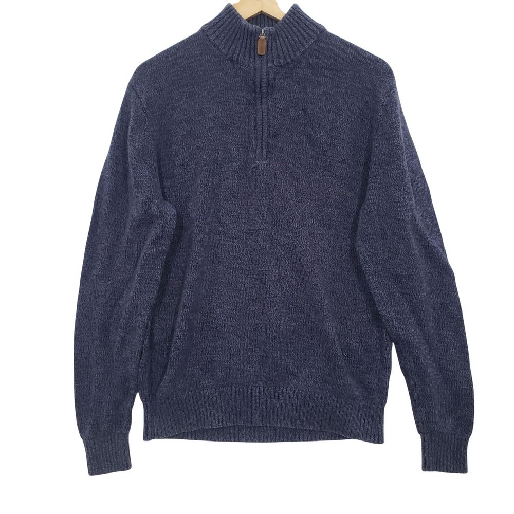 St Johns Bay Quarter Zip Sweater Mens Large Blue Cotton Pullover Knit Preppy